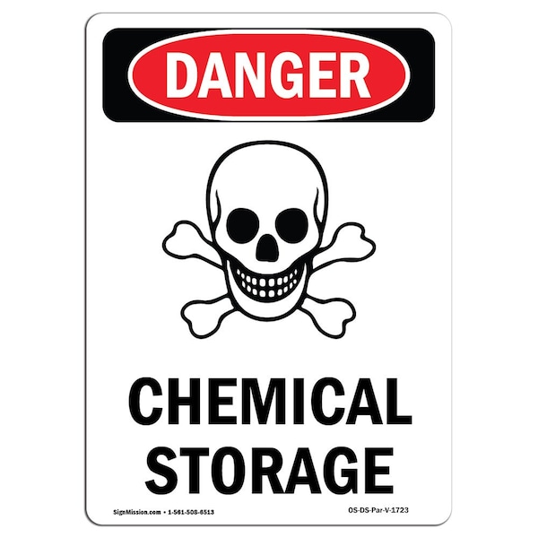 Safety Sign, OSHA Danger, 5" Height, Chemical Storage, Portrait, 10PK